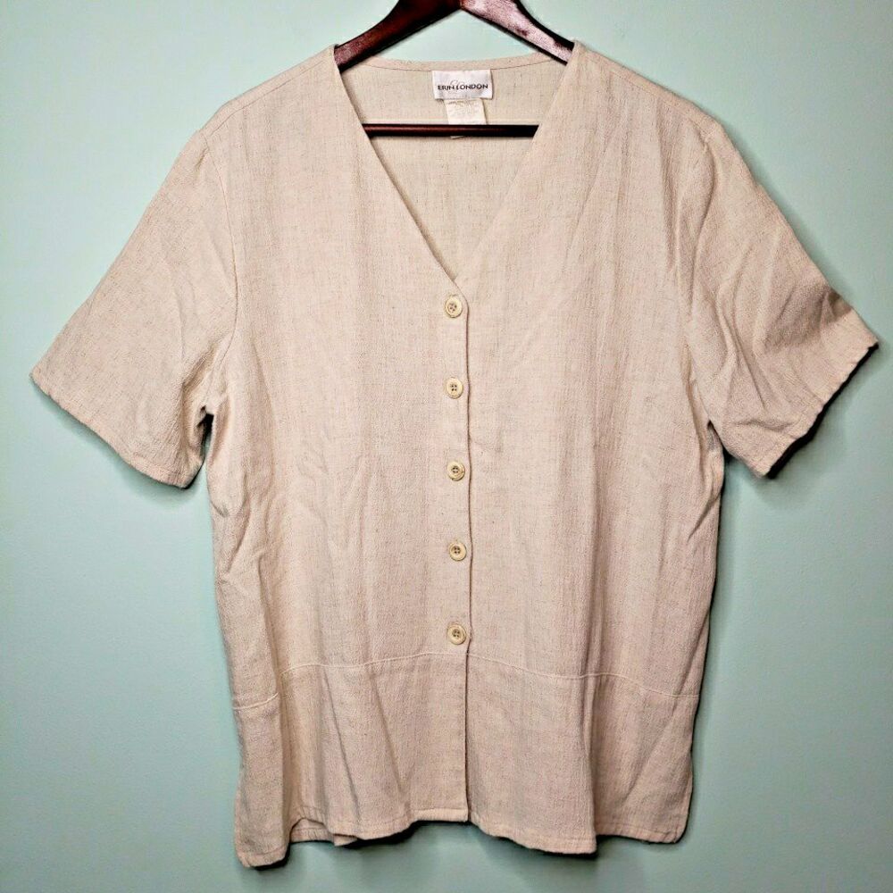 Vtg Erin London Camp Shirt Linen Blend V-Neck Button Up Beachy Petite Sz Large